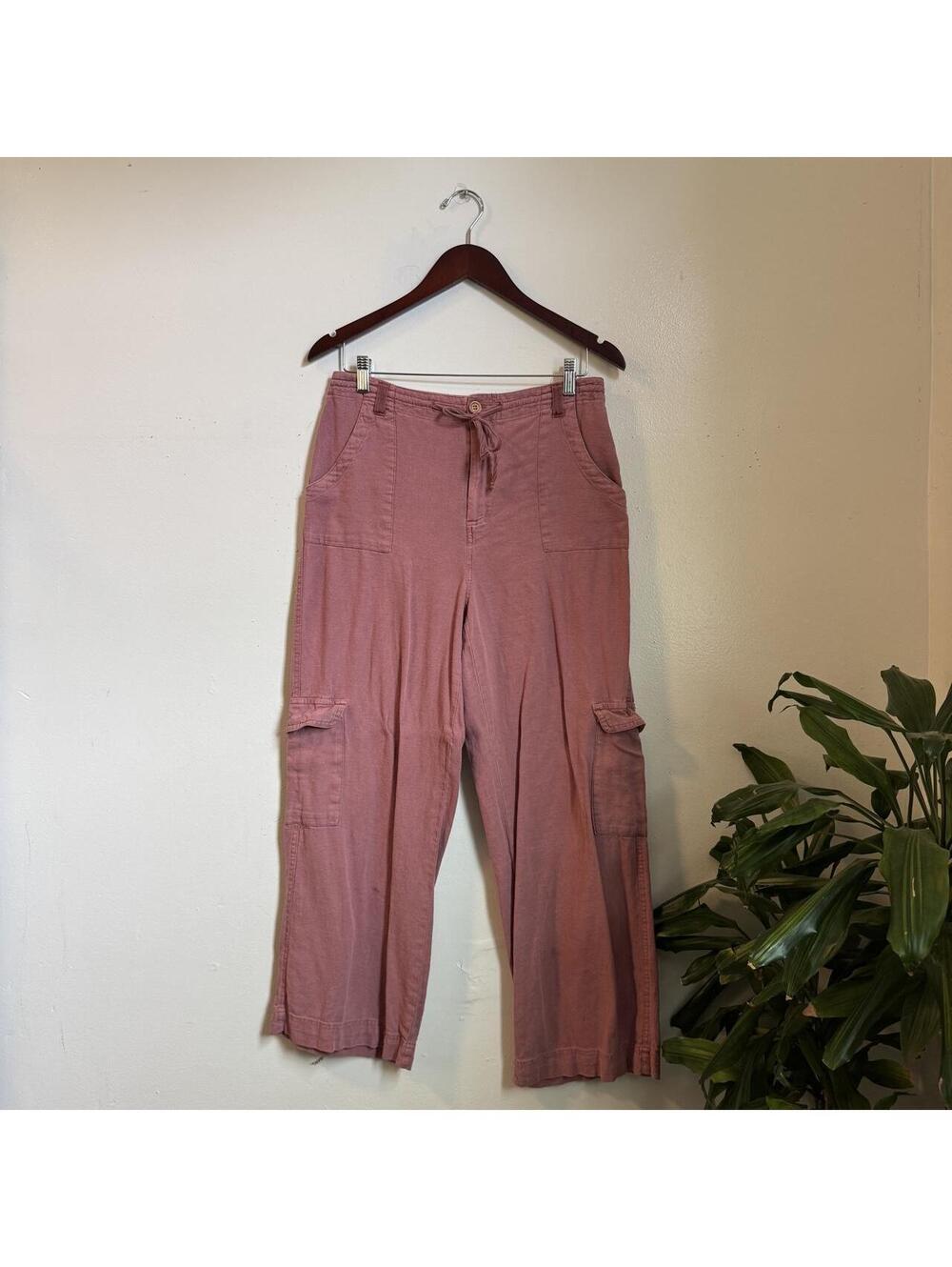 Sincerely Jules Mauve Linen Blend Wide Leg Cargo Pants Drawstring Waist Size L